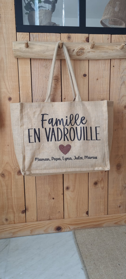 Sac cabas en toile de jute – Famille en vadrouille
