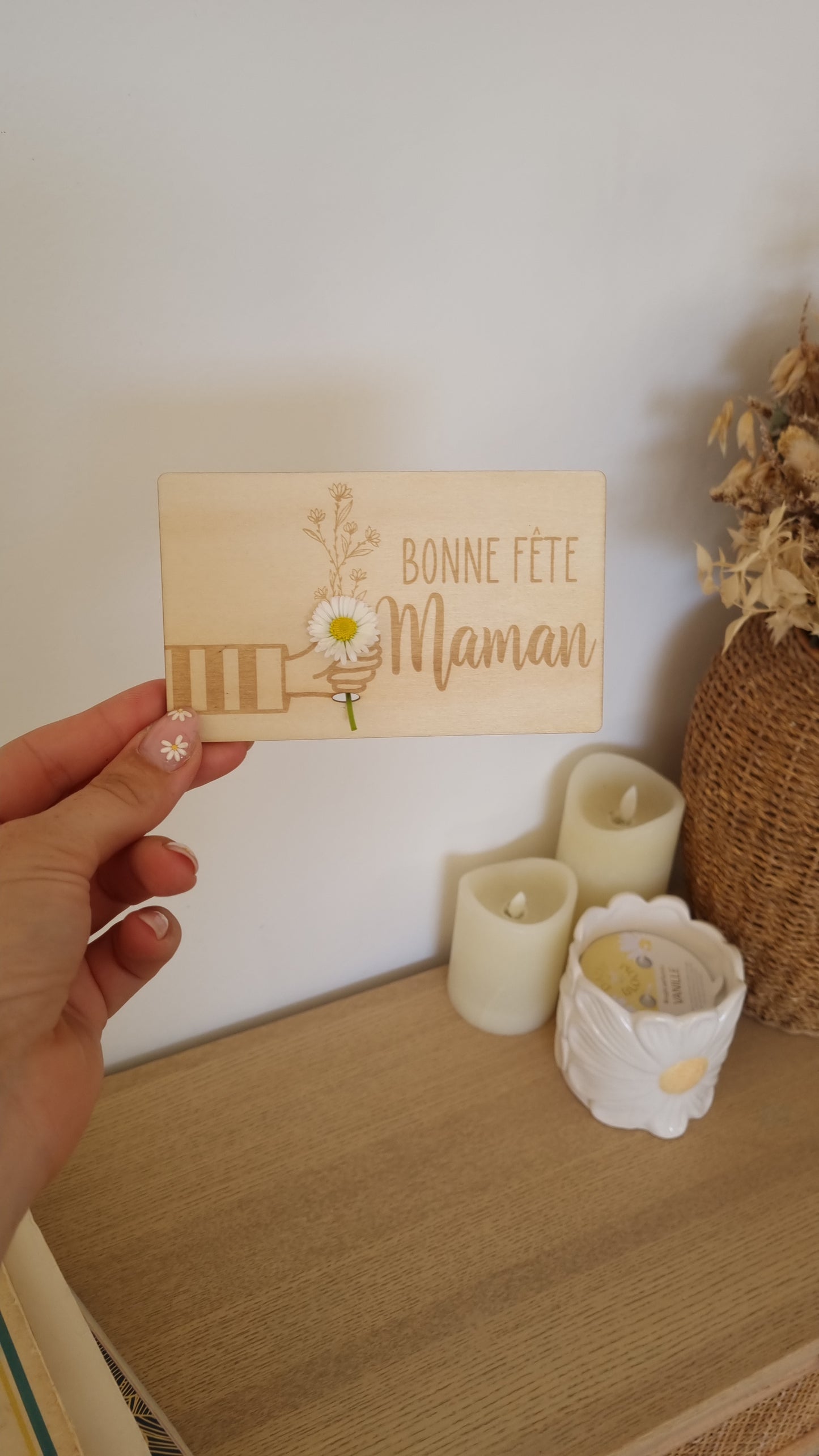 Carte en bois à fleurir – Un mot doux et une vraie fleur pour Maman