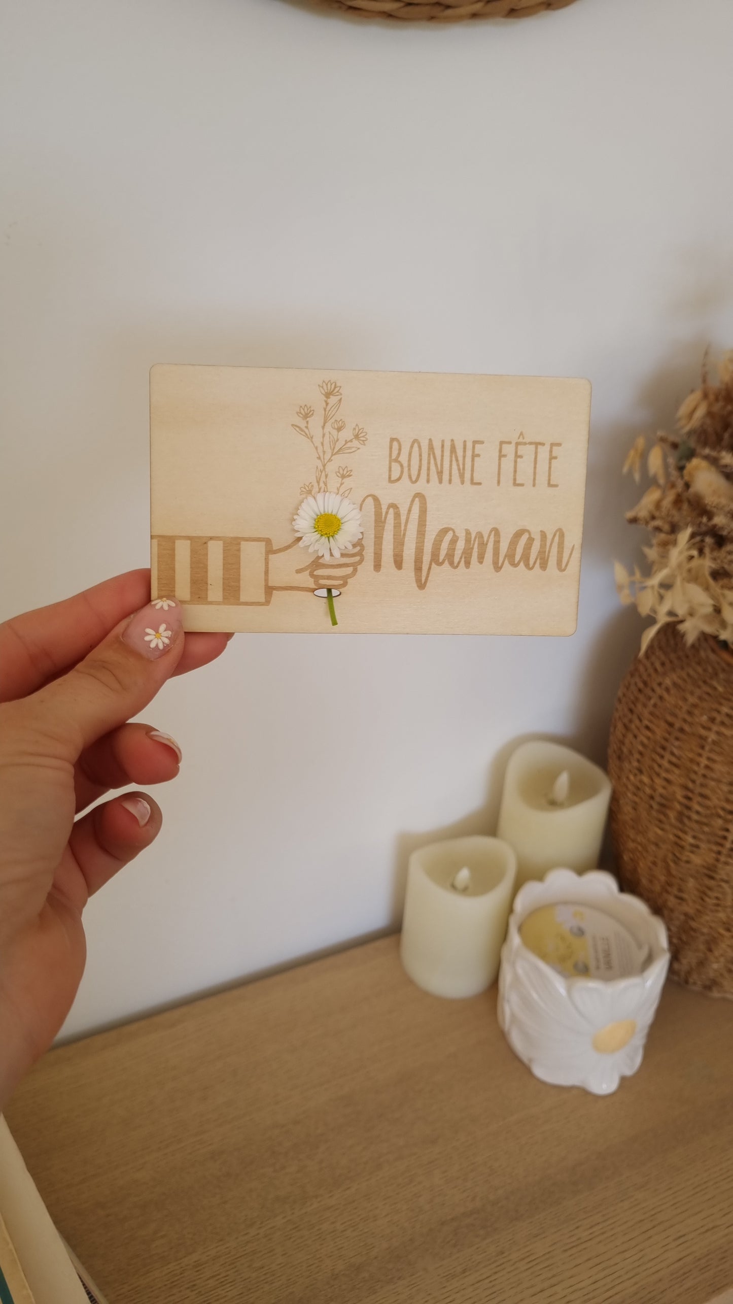 Carte en bois à fleurir – Un mot doux et une vraie fleur pour Maman