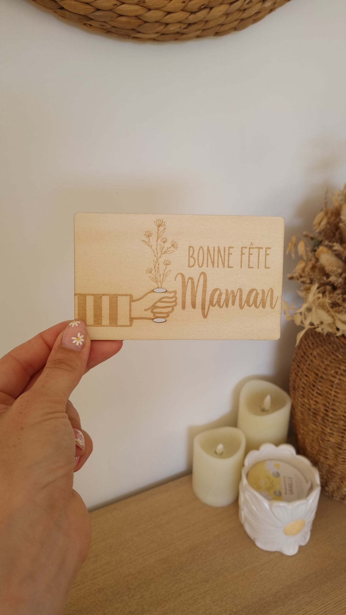 Carte en bois à fleurir – Un mot doux et une vraie fleur pour Maman