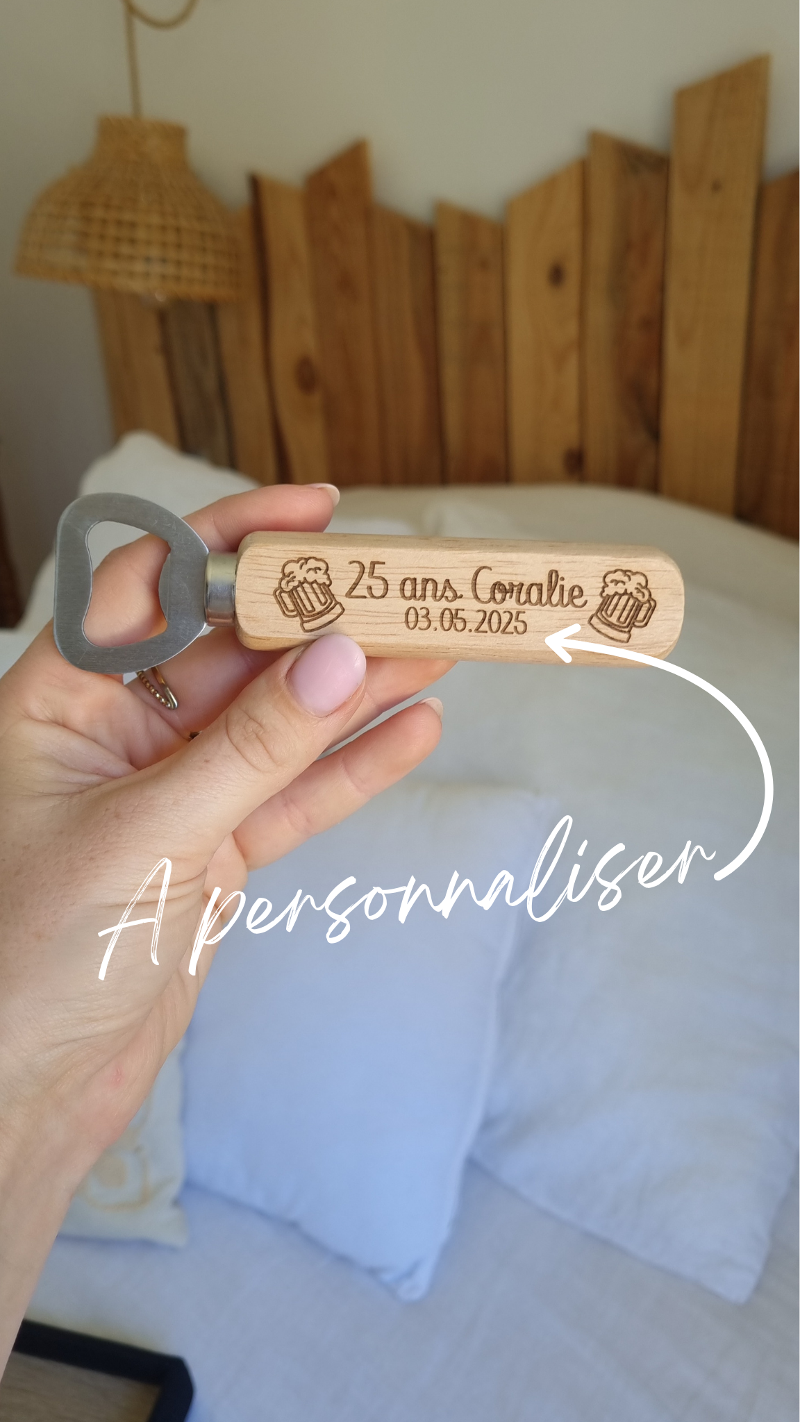 Décapsuleur personnalisé en bois gravé