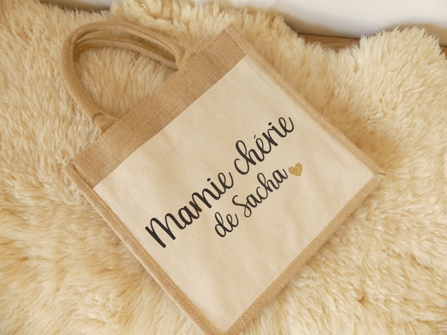 Sac cabas en toile de jute – Pour une mamie en or