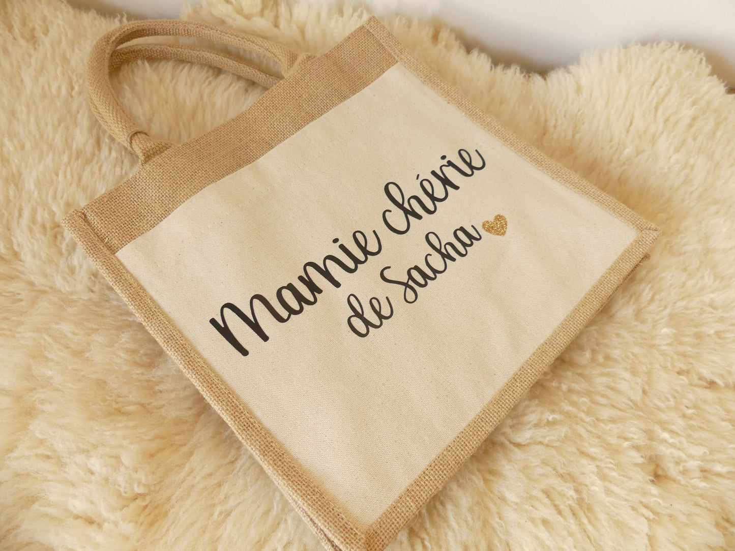 Sac cabas en toile de jute – Pour une mamie en or
