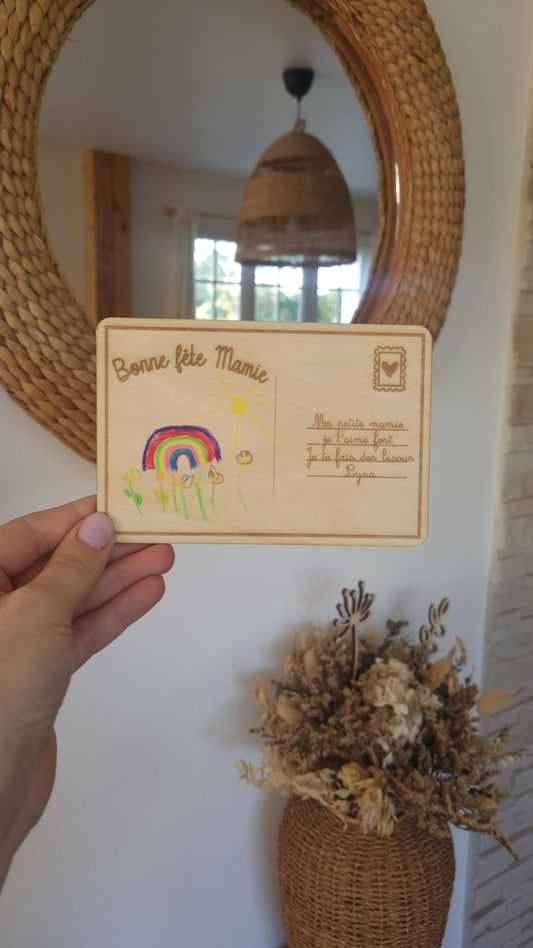 Carte postale en Bois Personnalisé - Fête des mamies - Mamies - Les petits coeurs à mamie - Les amours à mamie -