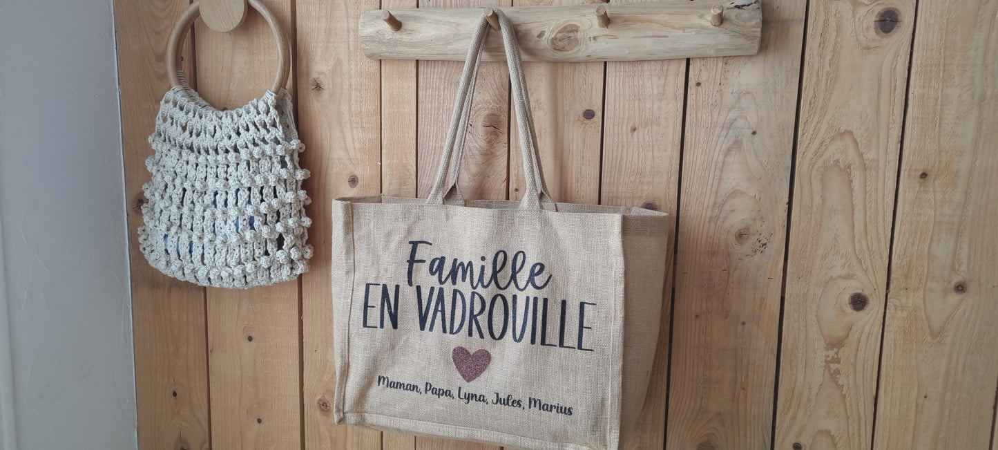 Sac cabas en toile de jute – Famille en vadrouille