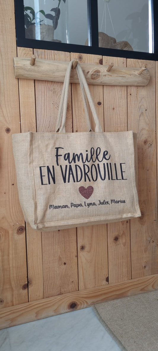 Sac cabas en toile de jute – Famille en vadrouille