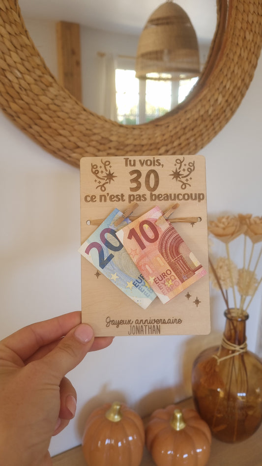 Carte anniversaire en bois personnalisée – Support billets avec pinces – Cadeau anniversaire original