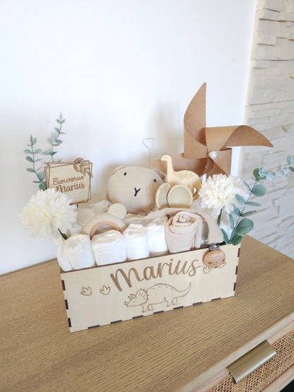 Cadeau de naissance personnalisé – Bouquet de couches et boîte de naissance sur mesure