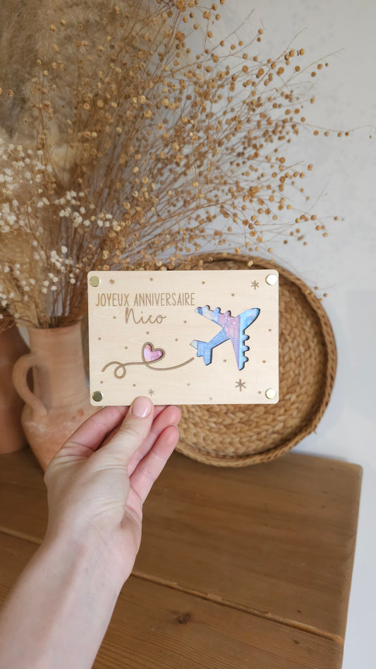 Carte en bois pour offrir de l’argent – voyage avec avion – Cadeau original départ en voyage
