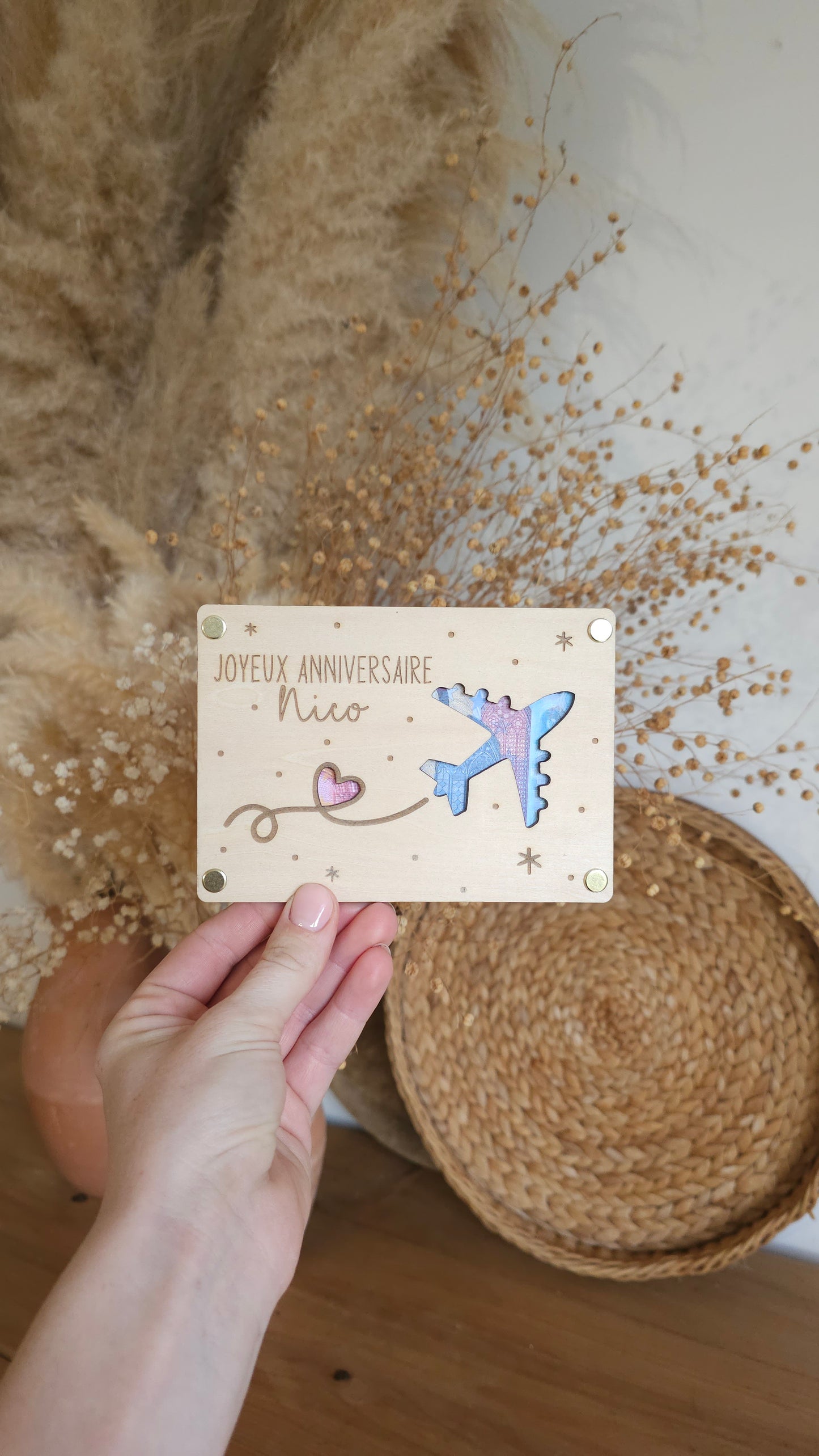 Carte en bois pour offrir de l’argent – voyage avec avion – Cadeau original départ en voyage
