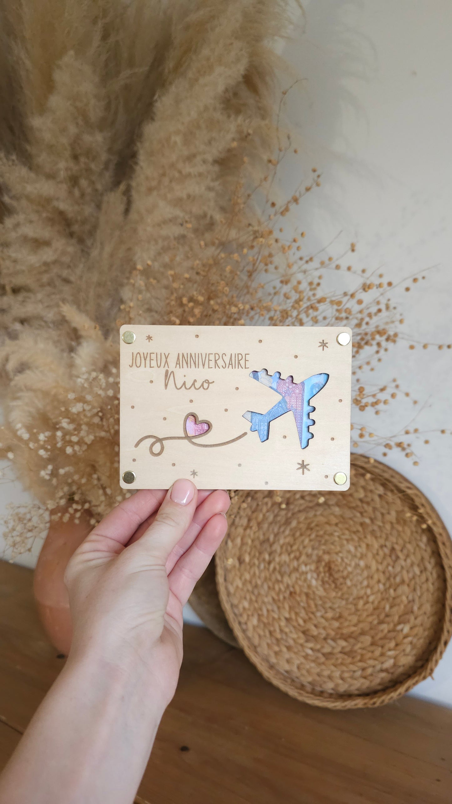 Carte en bois pour offrir de l’argent – voyage avec avion – Cadeau original départ en voyage
