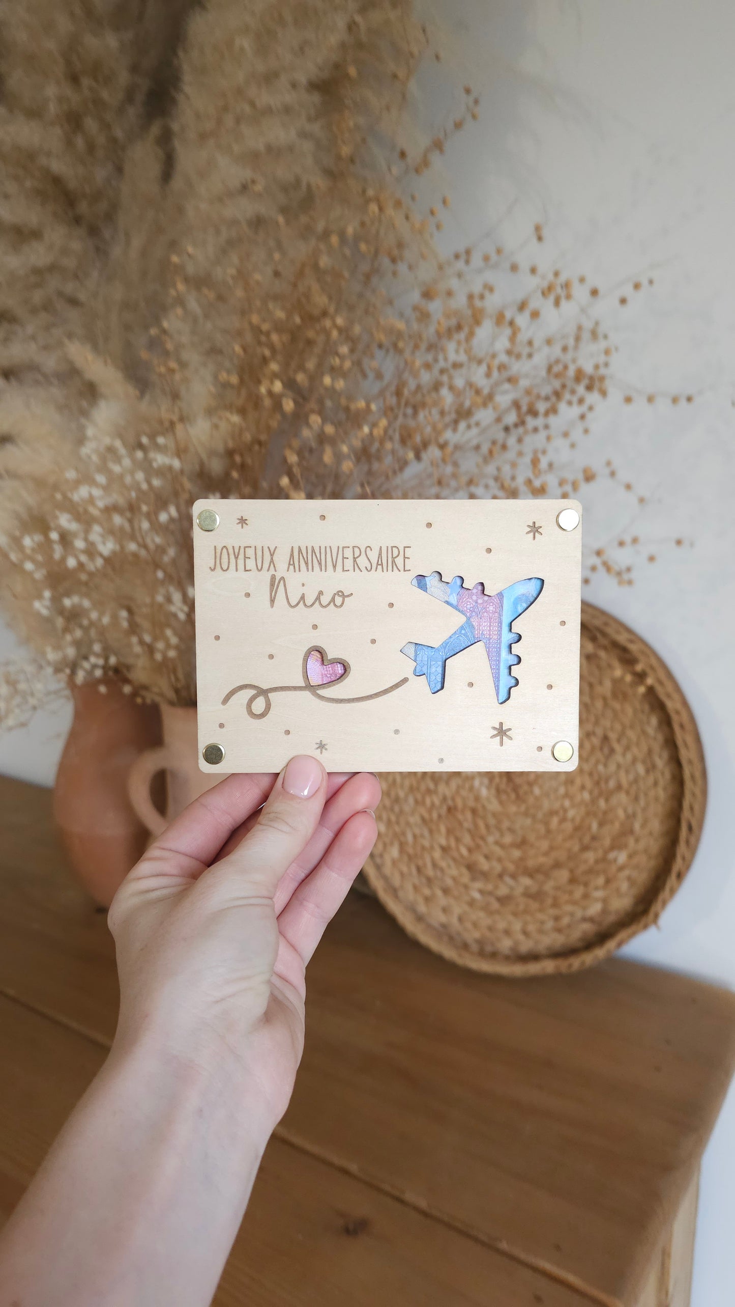 Carte en bois pour offrir de l’argent – voyage avec avion – Cadeau original départ en voyage