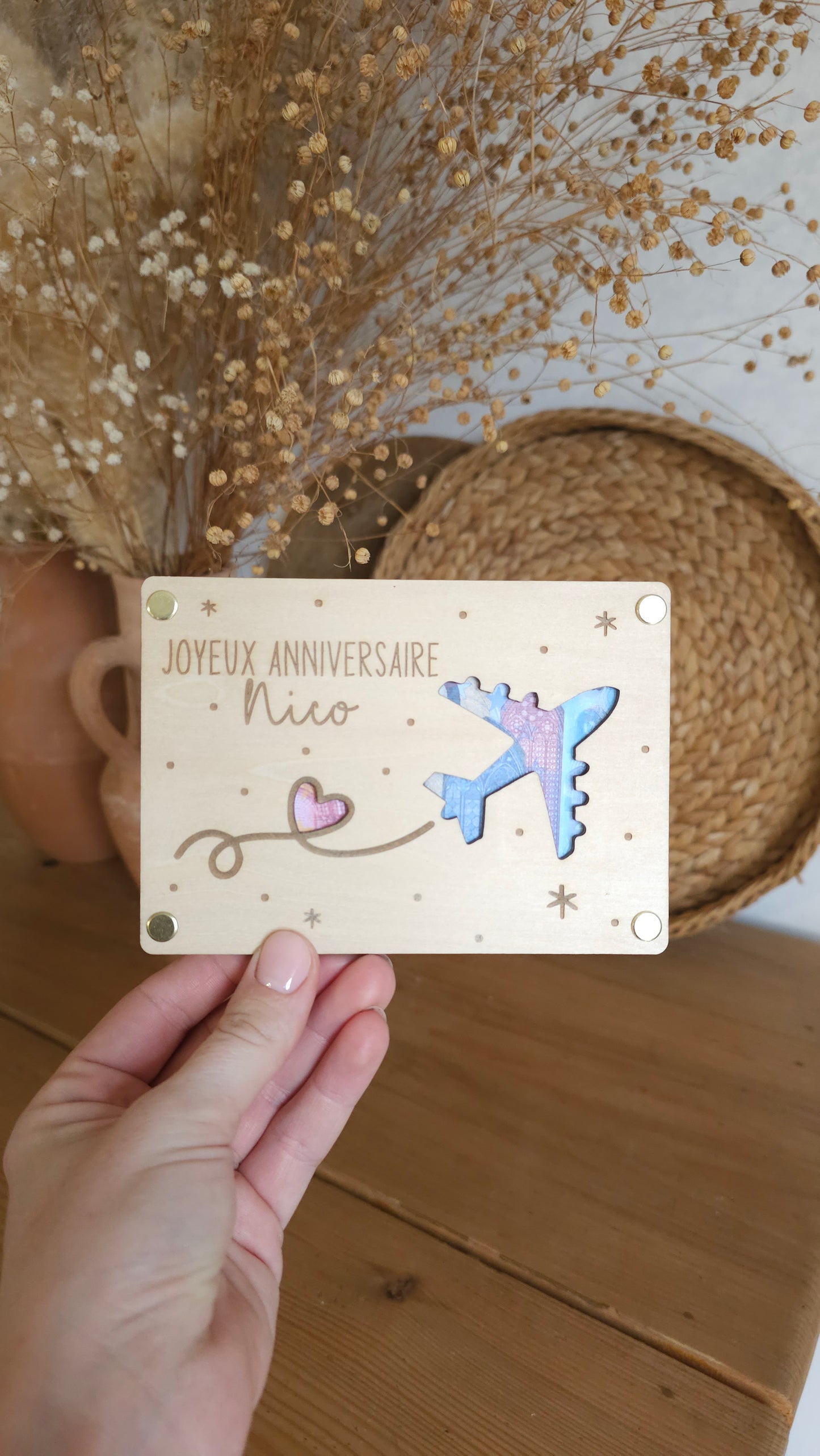 Carte en bois pour offrir de l’argent – voyage avec avion – Cadeau original départ en voyage