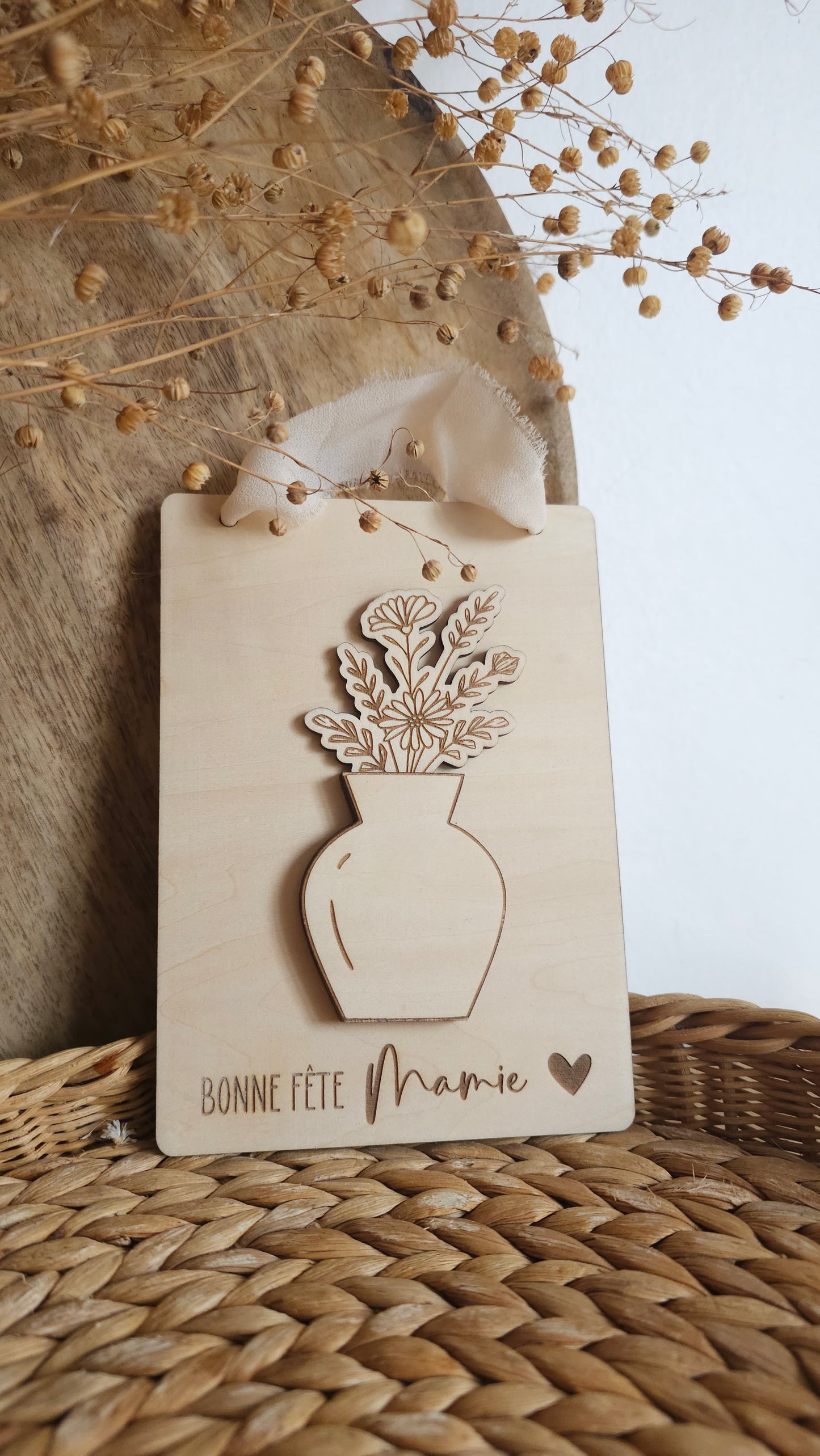 Carte à suspendre Fête des Mamies – Vase en relief et fleurs amovibles