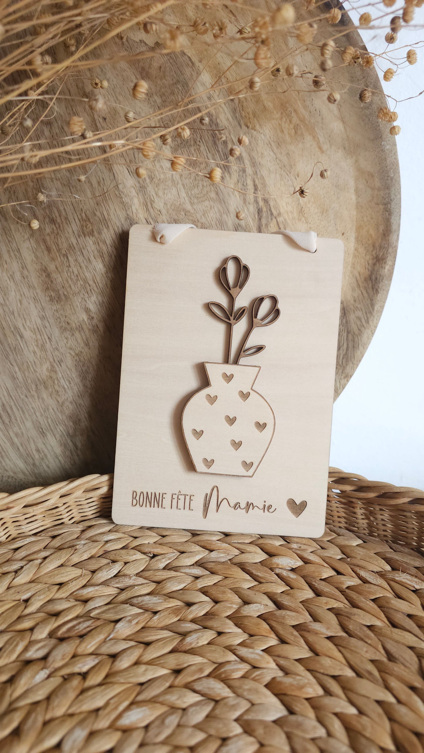 Carte à suspendre Fête des Mamies – Vase en relief et fleurs amovibles