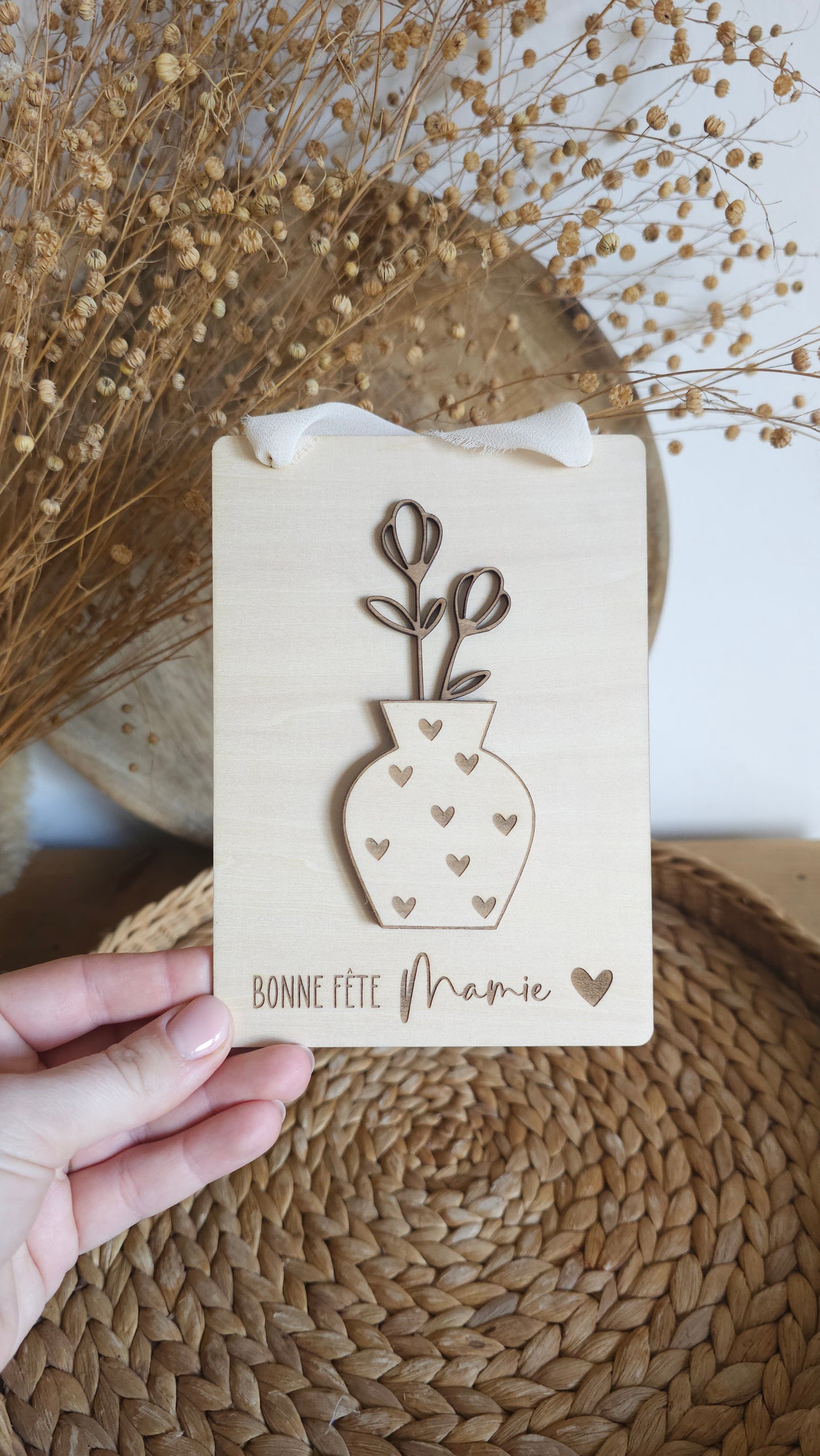 Carte à suspendre Fête des Mamies – Vase en relief et fleurs amovibles