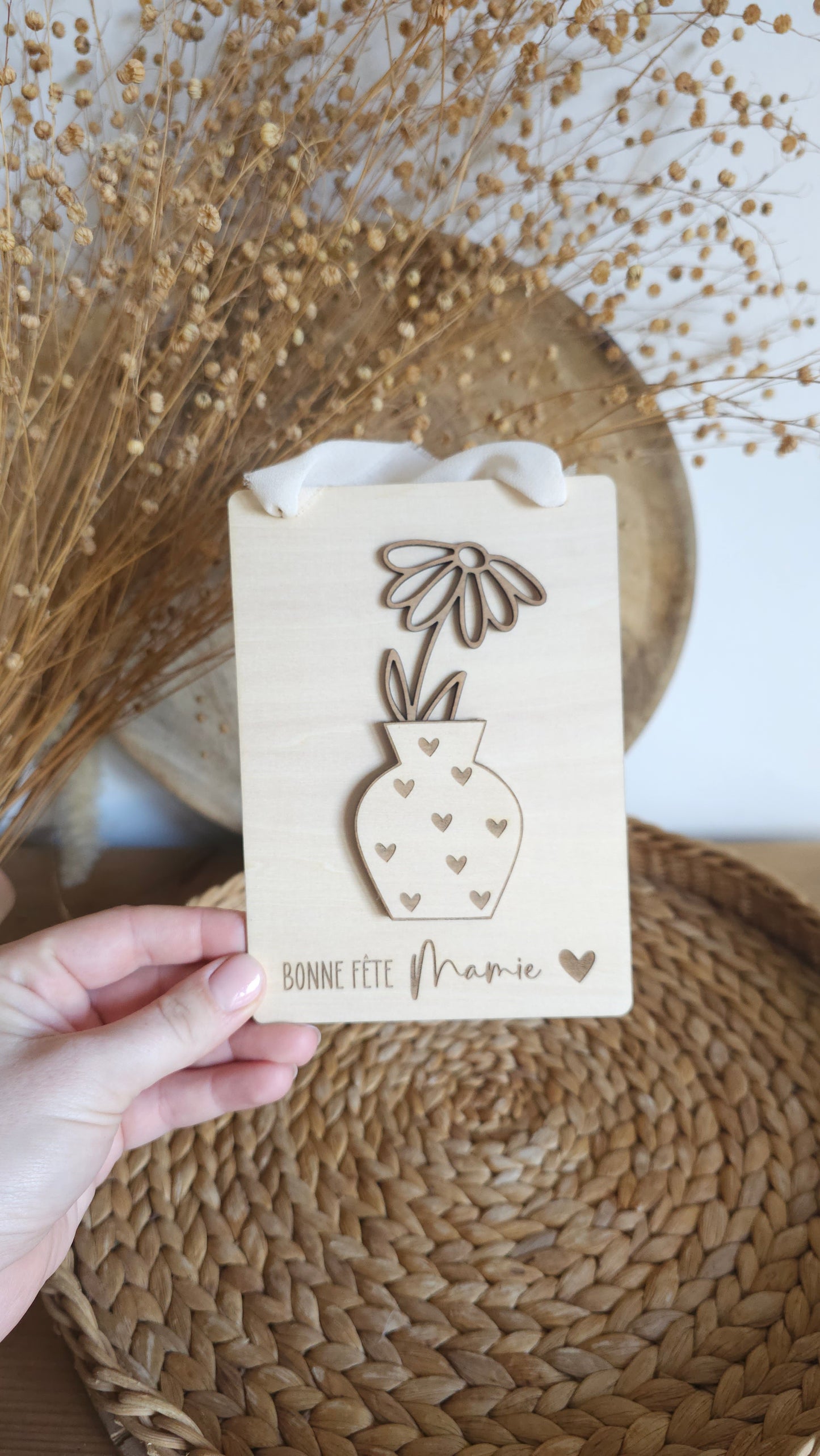 Carte à suspendre Fête des Mamies – Vase en relief et fleurs amovibles