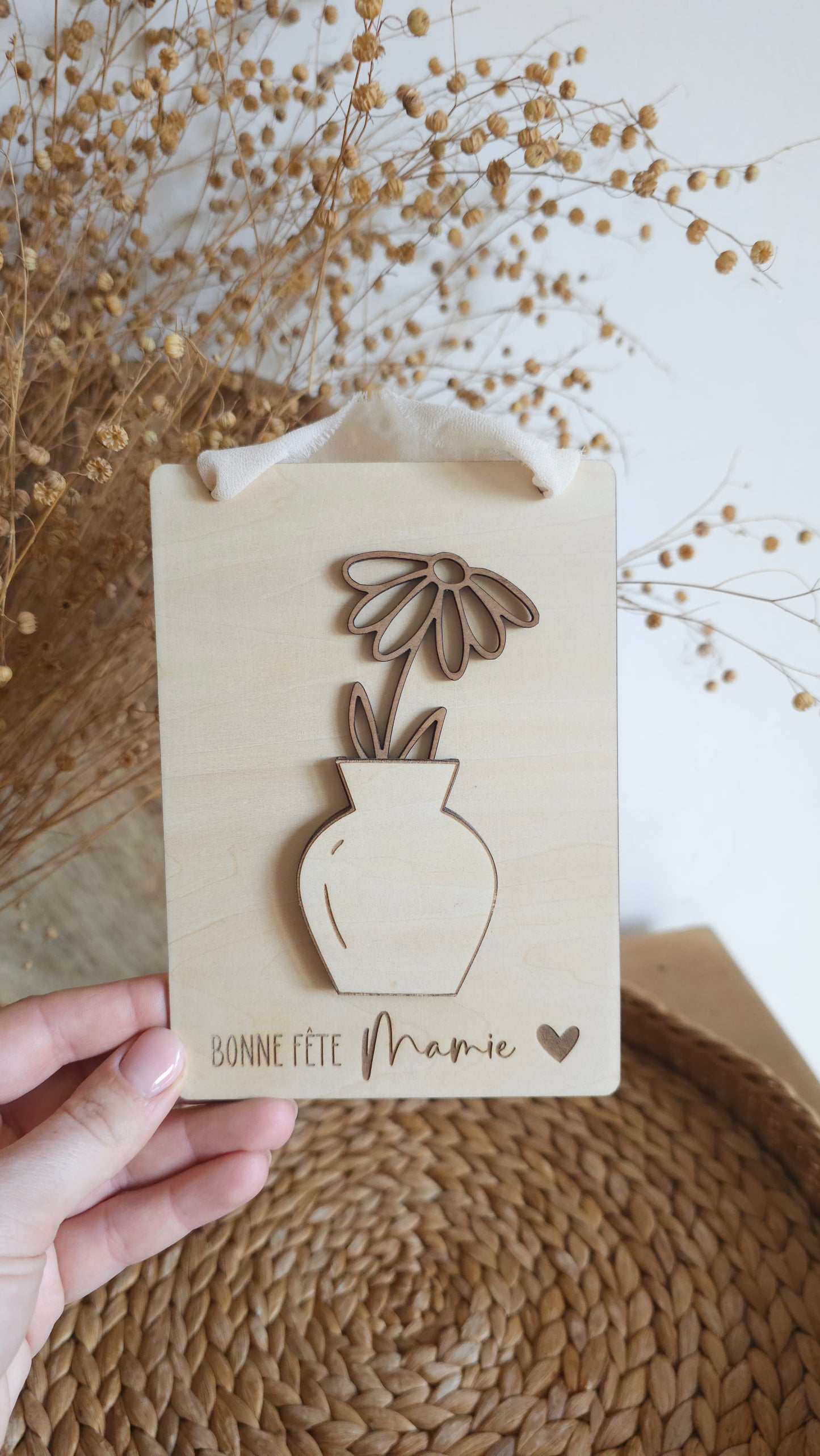Carte à suspendre Fête des Mamies – Vase en relief et fleurs amovibles