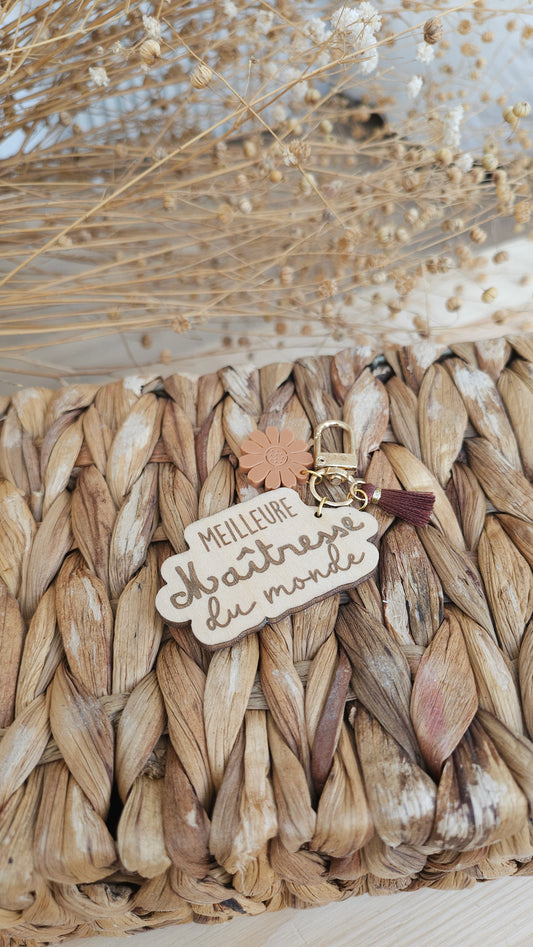 Porte-clés Maîtresse personnalisé avec pompon et fleurs acryliques – Cadeau de fin d'année
