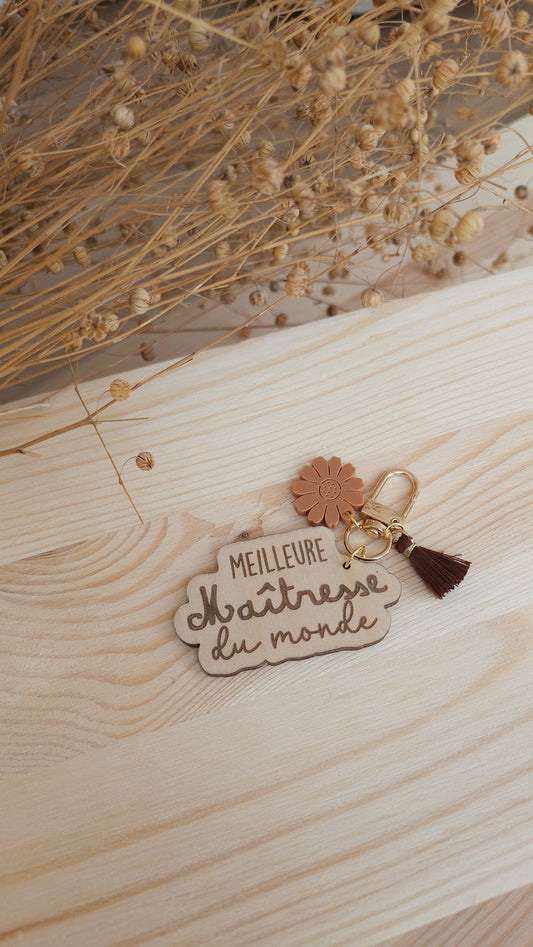 Porte-clés Maîtresse personnalisé avec pompon et fleurs acryliques – Cadeau de fin d'année