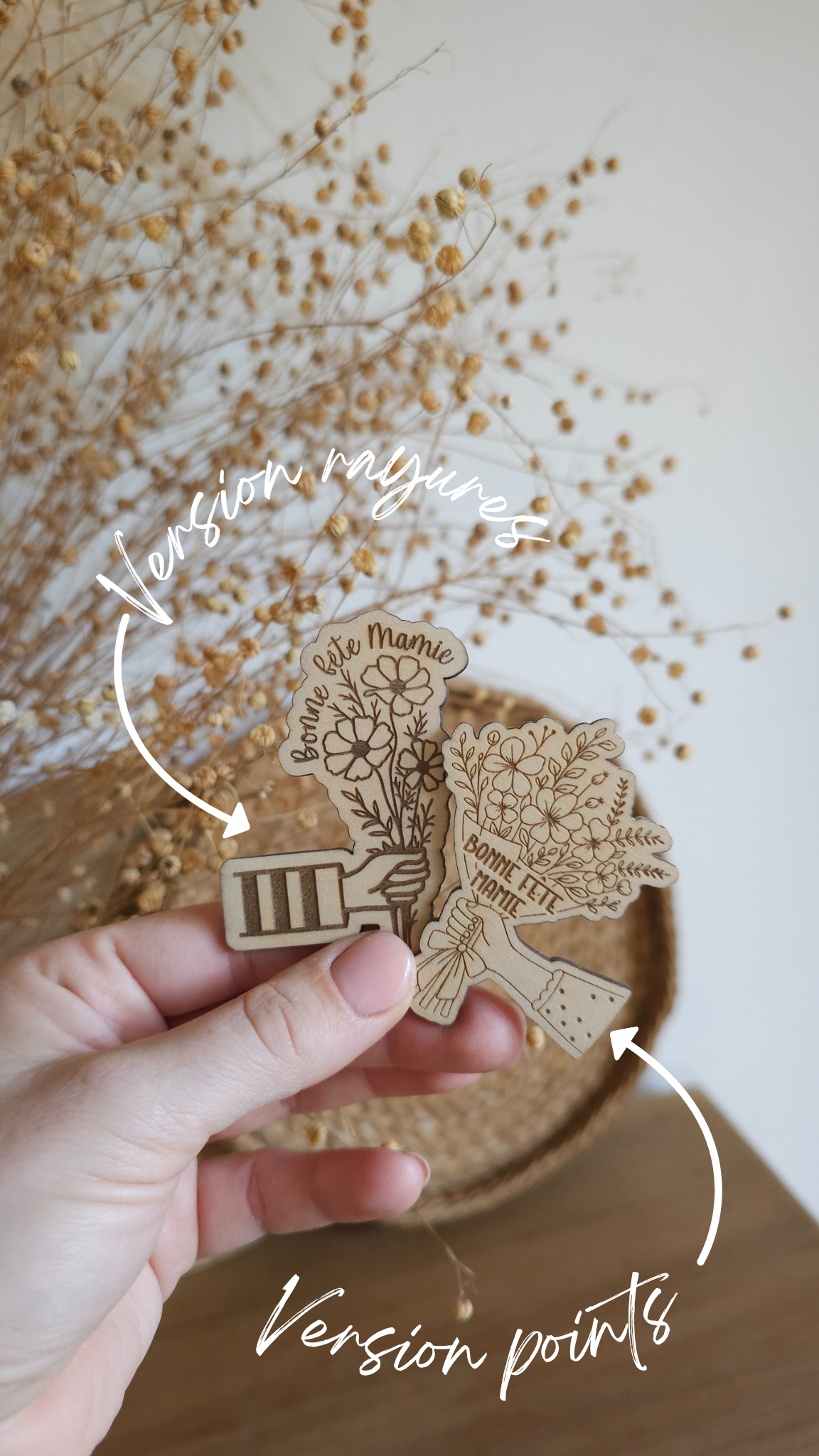 Aimants en bois personnalisés – Main tenant un bouquet pour la Fête des Mamies