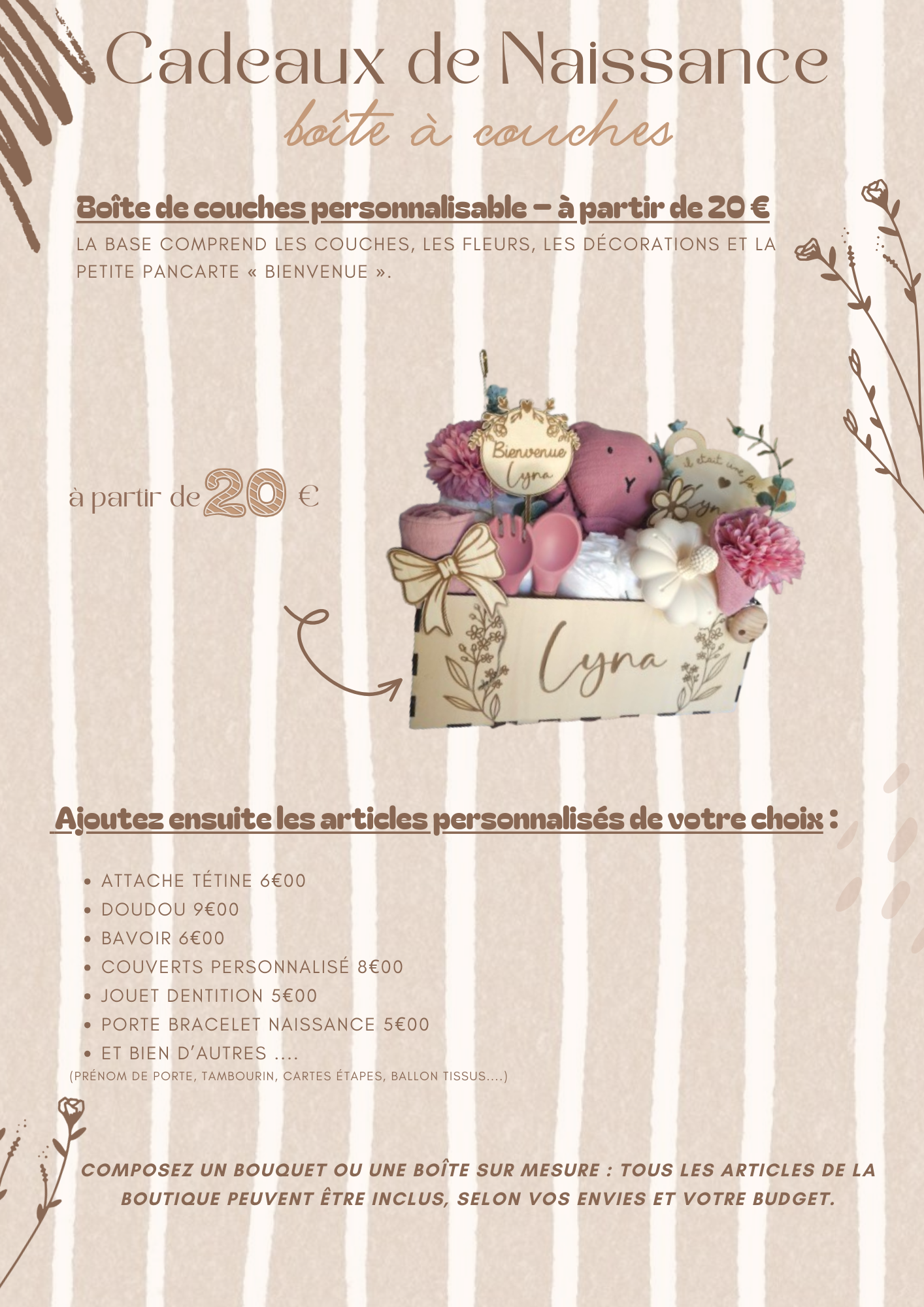 Cadeau de naissance personnalisé – Bouquet de couches et boîte de naissance sur mesure