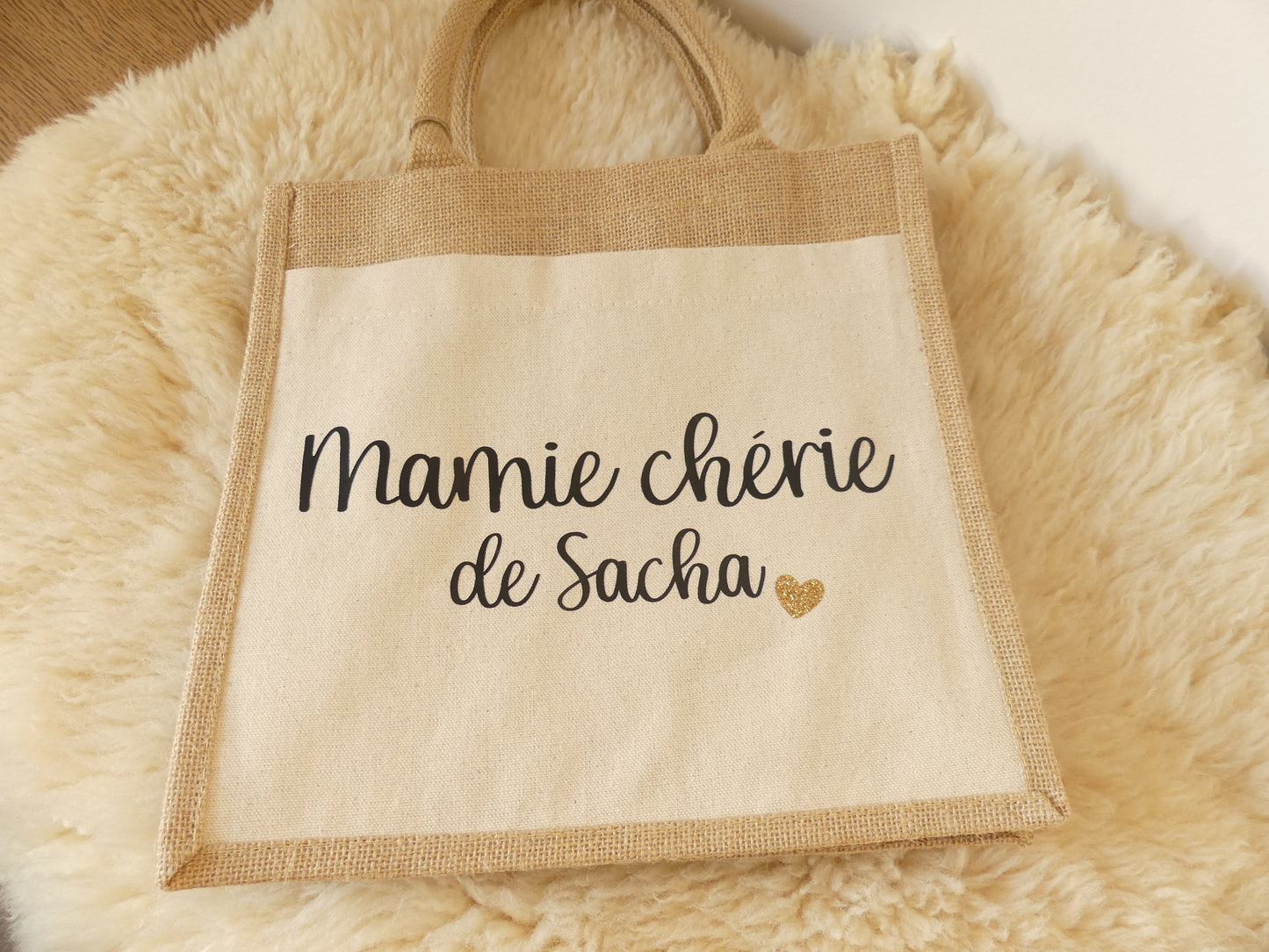 Sac cabas en toile de jute – Pour une mamie en or
