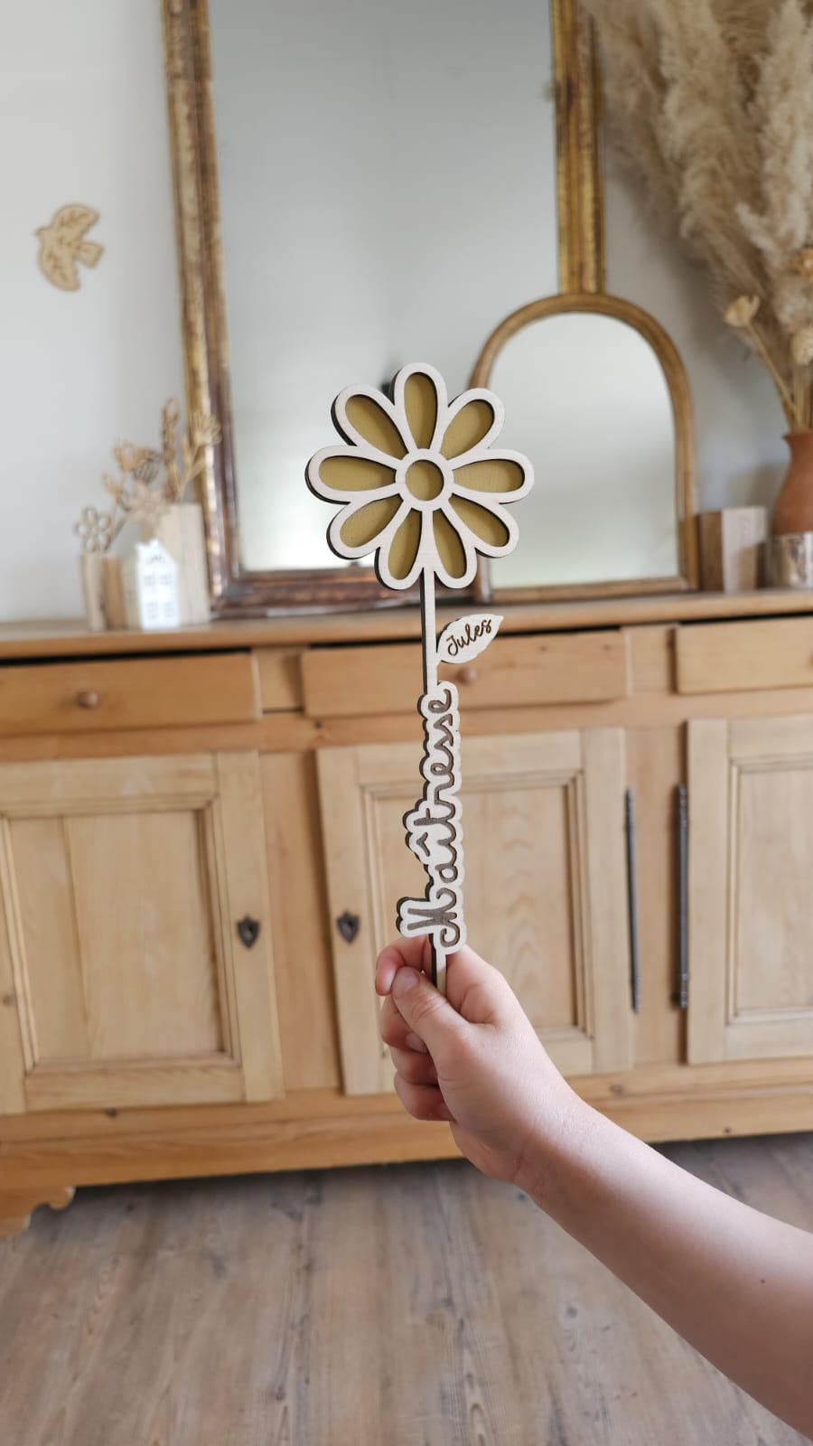 fleur en bois - fin d'année - Maîtresse - atsem - cadeau personnalisé- nounou